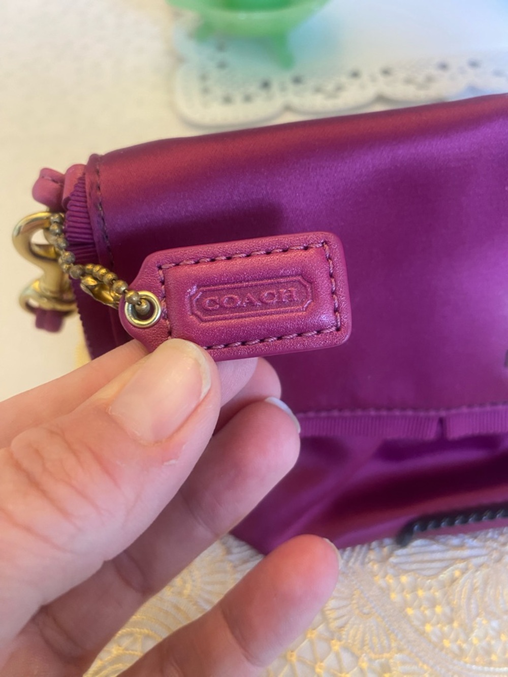 Coach Satin Magenta Wristlet Clutch | Gold Logo | Zip Pouch - Picture 13 of 13
